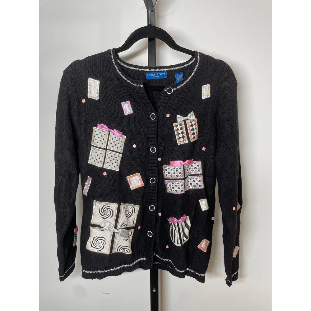 KAREN SCOTT SPORT Vintage Christmas Present Cardigan Sweater Small Black/Multi